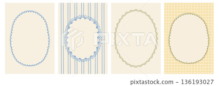 Vintage hand drawn scalloped frame background templates with pastel stripes and grid patterns. Soft retro decorative borders for invitations, stationery, branding, spring design. Vector illustration. Vintage hand drawn scalloped frame background templates with pastel stripes and grid patterns. Soft retro decorative borders for invitations, stationery, branding, spring design. Vector illustration. 136193027