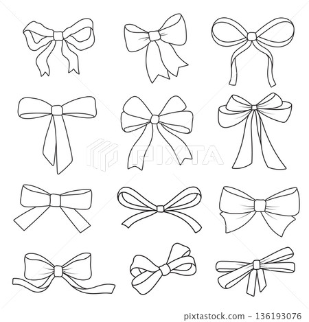 Elegant ribbon bow outline collection featuring decorative gift bows and flowing ribbon tie designs isolated on white Elegant ribbon bow outline collection featuring decorative gift bows and flowing ribbon tie designs isolated on white 136193076