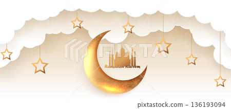 Vector background "Eid Mubarak and Ramadan Kareem" with a golden crescent moon. Beautiful illustration. 136193094