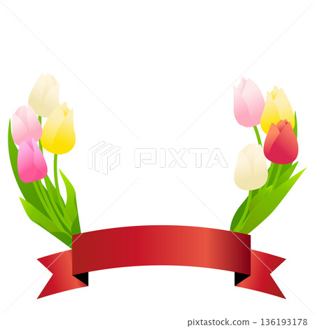 Illustration of a tulip flower wreath and ribbon. Illustration of a tulip flower wreath and ribbon. 136193178