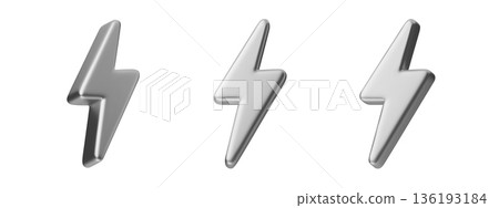 Silver 3D lightning bolt icon with chrome finish. Thunderbolt symbol for energy concepts, electric power designs, and futuristic digital graphics with metallic texture. Silver 3D lightning bolt icon with chrome finish. Thunderbolt symbol for energy concepts, electric power designs, and futuristic digital graphics with metallic texture. 136193184