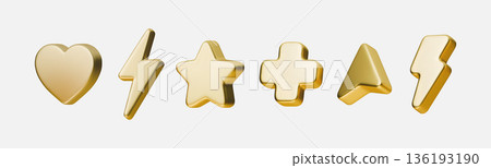 3D icon set with golden cursor arrows, lightning bolts, hearts and stars on white background. Premium glossy tech elements with gradient glow effects for modern UI design. 136193190