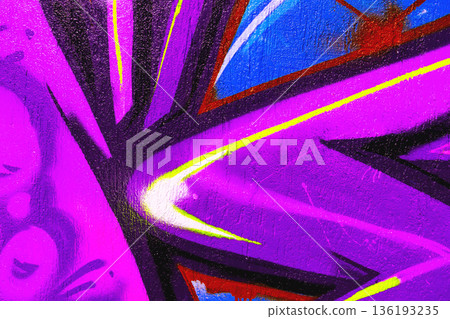 Abstract Purple and Yellow Street Art Graffiti with Blue and Red Accents in Urban 90s Style 136193235