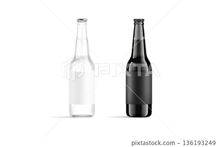 Blank black and white glass beer bottle with label mockup, png, transparent background, 3d rendering. Empty water or soda pack with sticker mock up, cut out. Clear cool vial for refreshing template. 136193249