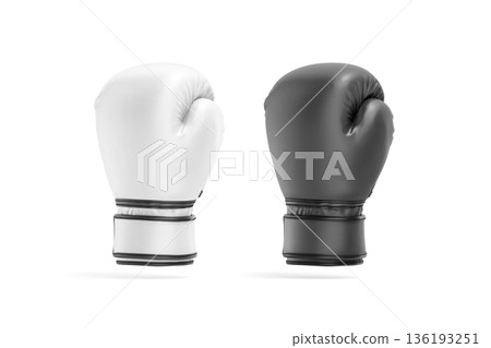 Blank black and white boxing gloves mockup, png, transparent background, 3d rendering. Empty protective fight equipment mock up, cut out. Clear sport individual glove uniform for kickboxing template. 136193251
