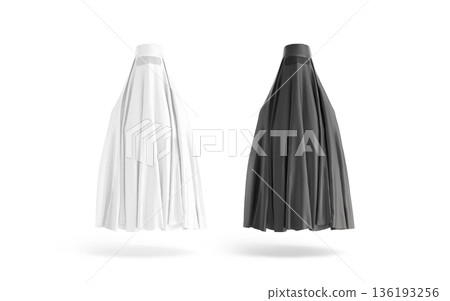 Blank black and white muslim female burqa mockup, front view, 3d rendering. Empty covered women headdress mock up, cut out. Clear chiffon religious, headscarf for eastern traditional template. 136193256
