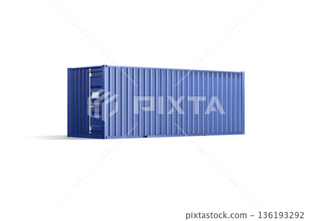 Blank blue steel cargo container mockup, png, transparent background, 3d rendering. Empty steel dockyard for international sea delivery mock up, cut out. Clear trucking warehouse for export template. 136193292