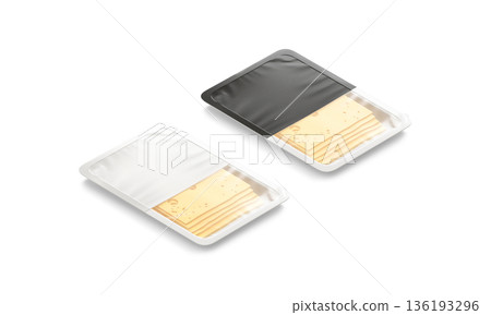 Blank black and white cheese pack mockup, png, transparent background, 3d rendering. Empty plastic tray with cheddar slices mock up, cut out. Clear vacuum packing for dairy melt food template. 136193296