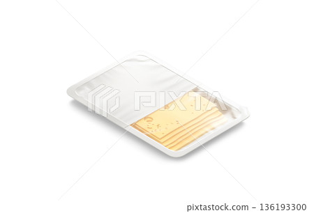 Blank white cheese pack mockup, png, transparent background, 3d rendering. Empty vacuum tray package with gouda slices mock up, cut out. Clear yellow hole cheddar slices in label container template. 136193300