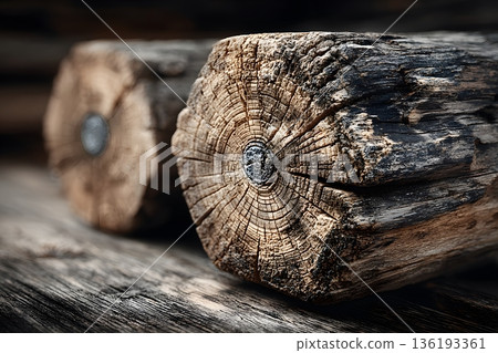 Close-Up of Rustic Wooden Logs with Detailed Texture for Natural Design Elements Generative AI 136193361