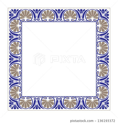 Greek floral square frame with meander, palmette. Seamless classic frame with Greek ornament. European frame with pattern. Frame Ancient Greece, Roman Empire. For textile, engraving, embroidery Greek floral square frame with meander, palmette. Seamless classic frame with Greek ornament. European frame with pattern. Frame Ancient Greece, Roman Empire. For textile, engraving, embroidery 136193372