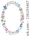 Vertical round frame of line drawings of stationery and tools for school life 136193467