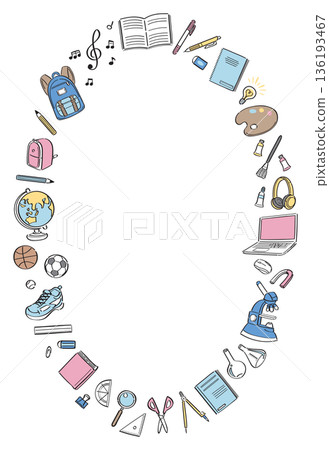 Vertical round frame of line drawings of stationery and tools for school life 136193467