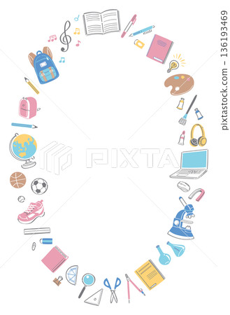 垂直圓形邊框，內含學校生活所需的文具與工具插圖 136193469