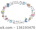 A horizontal round frame of line drawings of stationery and tools for school life 136193470