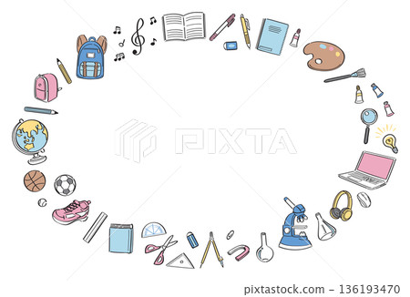 一幅水平圓形邊框的線條畫，描繪了學校生活中的文具和工具。 136193470
