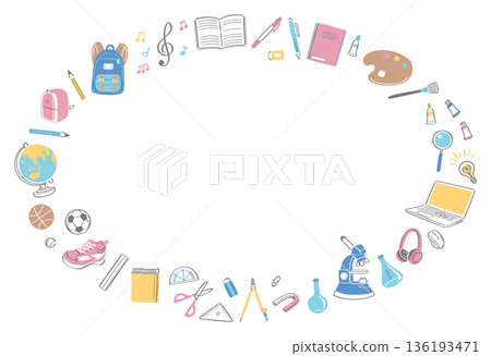 一幅橫向圓形邊框的插圖，描繪了學校生活中的文具和工具。 136193471