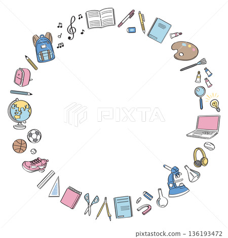 一幅圓形邊框，上面是學校生活用品和工具的線條畫。 136193472