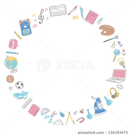 A round frame of illustrations of stationery and tools for school life A round frame of illustrations of stationery and tools for school life 136193473