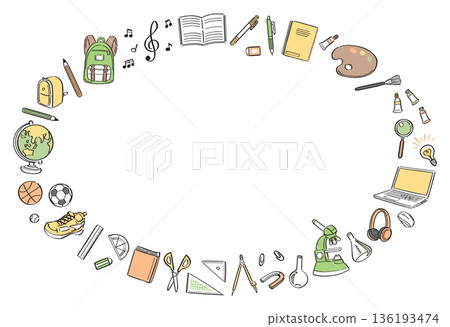 A horizontal round frame of line drawings of stationery and tools for school life 136193474