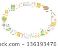 A horizontal round frame of illustrations of stationery and tools for school life 136193476