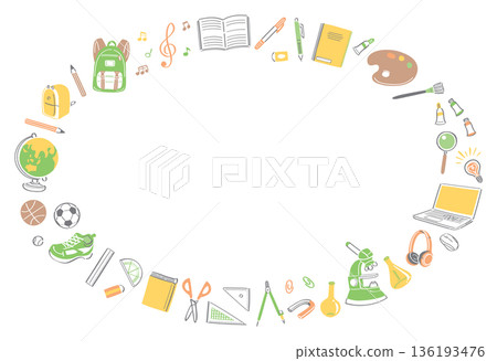 A horizontal round frame of illustrations of stationery and tools for school life 136193476