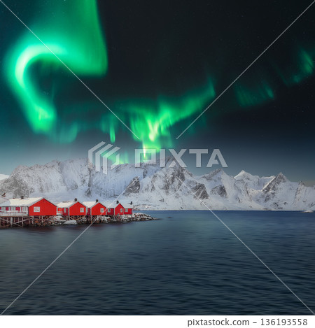 Winter view on Hamnoy village with Northern Lights. (Aurora Borealis) 136193558