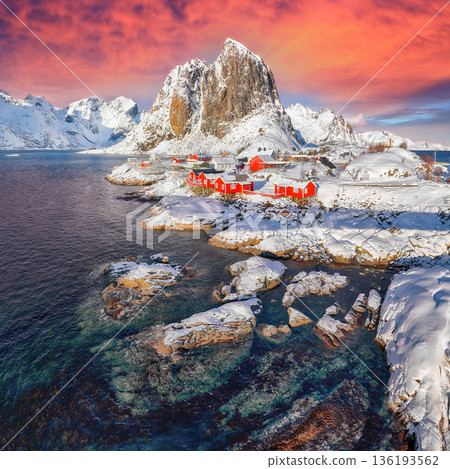 Outstanding winter view on Hamnoy village and Festhaeltinden mountain on background. 136193562