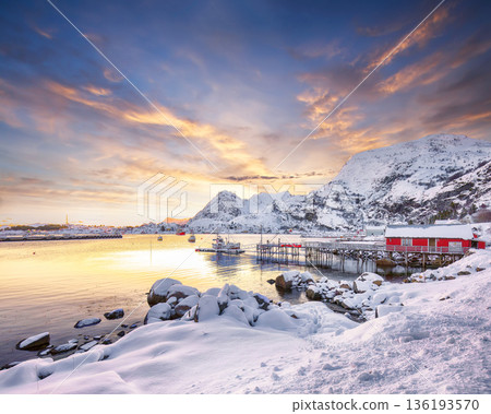 Outstanding winter scenery of Moskenes village with ferryport Outstanding winter scenery of Moskenes village with ferryport 136193570