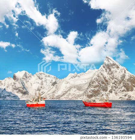 Outstanding  view on Fishing ships in Lofoten Archipelago near Reinefjorden and  snowy mountaines. 136193594