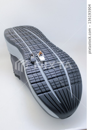 Miniature Cars Racing Side By Side On Shoe Miniature Cars Racing Side By Side On Shoe 136193904