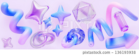 Y2k aesthetic element 3d set with holographic gradient. Glass and plastic shapes - inflatable star, spiral line, arrow, circle ring, polygon with white dot texture in vibrant colors. 3D illustration Y2k aesthetic element 3d set with holographic gradient. Glass and plastic shapes - inflatable star, spiral line, arrow, circle ring, polygon with white dot texture in vibrant colors. 3D illustration 136193938