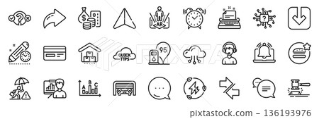 Reminder, Presentation board and Parking garage line icons pack. Share, Message, Paper plane icons. Cloud computing, Text message, Auction hammer web icon. Vector 136193976
