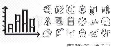 Medical analyzes, Resume document and Certificate line icons for web app. Glare of light effect. Message icon. Pack of Co2, Mental conundrum, High thermometer pictogram icons. Vector 136193987