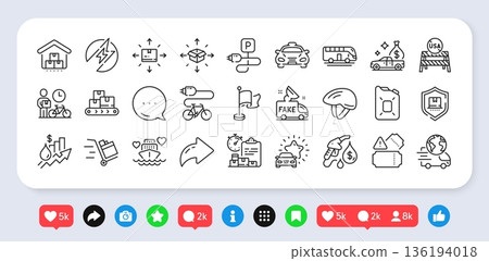Cash transit, Fake news and Rise price line icons pack. Social media: share, comment, like icons. Delivery report, Push cart, Electric energy web icon. Canister oil, Taxi, Car review pictogram. Vector Cash transit, Fake news and Rise price line icons pack. Social media: share, comment, like icons. Delivery report, Push cart, Electric energy web icon. Canister oil, Taxi, Car review pictogram. Vector 136194018