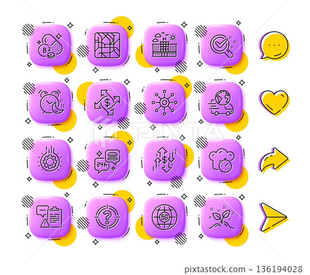 Gear, Chemistry lab and 5g internet line icons. App 3d buttons. Social media comment, share, like icons. Pack of Alarm, Dollar rate, Multichannel icon. Vector 136194028