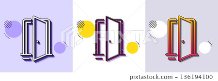 Open door line icon. Halftone dotted pattern. Gradient icon with grain shadow. Entrance doorway sign. Building entry symbol. Line open door icon. Various designs. Vector 136194100
