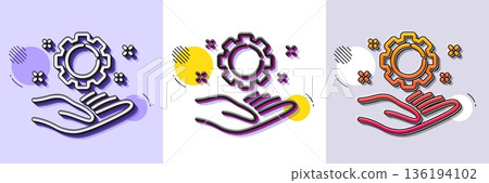 Employee hand line icon. Halftone dotted pattern. Gradient icon with grain shadow. Work gear sign. Development cogwheel symbol. Line employee hand icon. Various designs. Vector 136194102