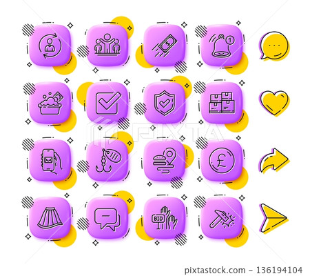 Bid offer, Mail app and Message line icons. App 3d buttons. Social media comment, share, like icons. Pack of Launder money, Fishing lure, Winner icon. Vector 136194104