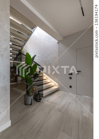 Modern Staircase Design with LED Lighting and Green Plant 136194174