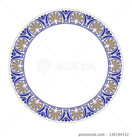 Round porcelain plate with golden blue pattern. Greek floral meander, palmette. Seamless classic frame with Greek ornament. European frame with pattern. Frame Ancient Greece, Roman Empire. Vector Round porcelain plate with golden blue pattern. Greek floral meander, palmette. Seamless classic frame with Greek ornament. European frame with pattern. Frame Ancient Greece, Roman Empire. Vector 136194312