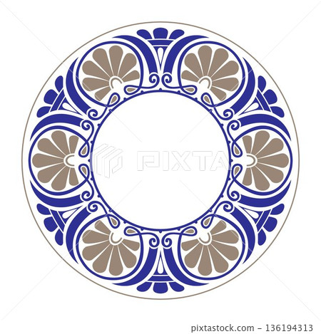 Vector illustration of blue and gold round porcelain plate with floral pattern. Greek floral meander, palmette. European frame with pattern. Frame Ancient Greece, Roman Empire. For textile, embroider Vector illustration of blue and gold round porcelain plate with floral pattern. Greek floral meander, palmette. European frame with pattern. Frame Ancient Greece, Roman Empire. For textile, embroider 136194313
