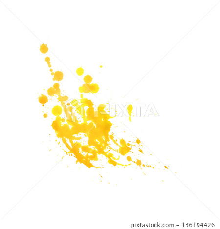 Watercolor yellow splatter hand drawn . Abstract citrus juice drops and ink blots isolated on white background. 136194426