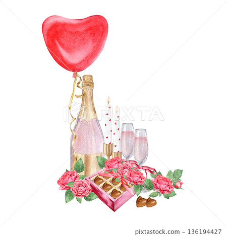 Watercolor romantic celebration composition  with rose champagne, bouquet of roses, chocolate box , glowing candles and heart  balloon hand drawn . 136194427