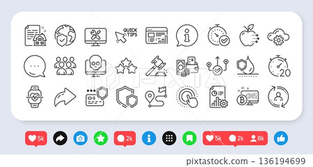 Report, Group and Fast verification line icons pack. Social media: share, comment, like icons. Timer, Cloud computing, Web report web icon. World insurance, Correct way, User info pictogram. Vector 136194699
