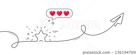 Rank star line icon. Continuous line with share plane. Success reward symbol. Best result sign. Hearts rate review in speech bubble. Rank star single line ribbon. Loop curve pattern. Vector 136194709