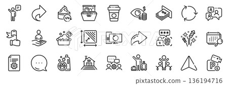 Takeaway coffee, Recovery computer and Engineering team line icons pack. Share, Message, Paper plane icons. Inclusion, Dishwasher, Agent web icon. Vector 136194716