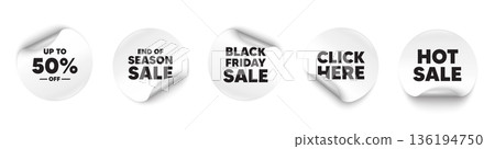 Discount tag sticker tag. Season sale, Black friday paper price banners. Up to 50 percent off sale. Discount offer price sign. Special offer symbol. Save 50 percentages. Click here sticker. Vector 136194750