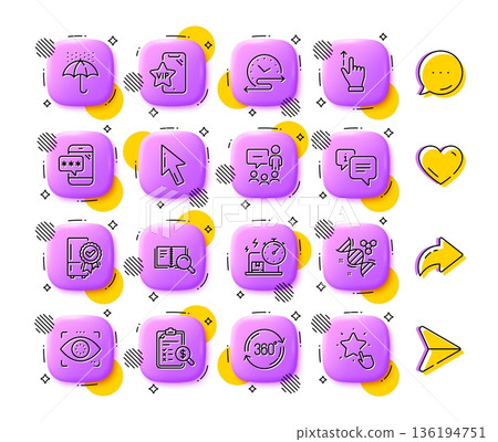 Chemistry dna, Search book and Time schedule line icons. App 3d buttons. Social media comment, share, like icons. Pack of Vip phone, Touchscreen gesture, Full rotation icon. Vector 136194751
