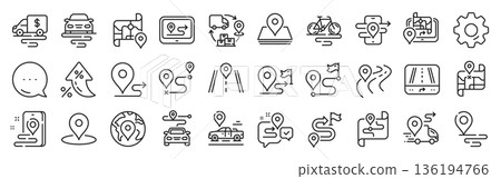 Road map line icons. Settings gear, Message, Inflation icons. Journey path, Route map and Trip distance. GPS street pin, Car route and Distance flag icons. Vector Road map line icons. Settings gear, Message, Inflation icons. Journey path, Route map and Trip distance. GPS street pin, Car route and Distance flag icons. Vector 136194766